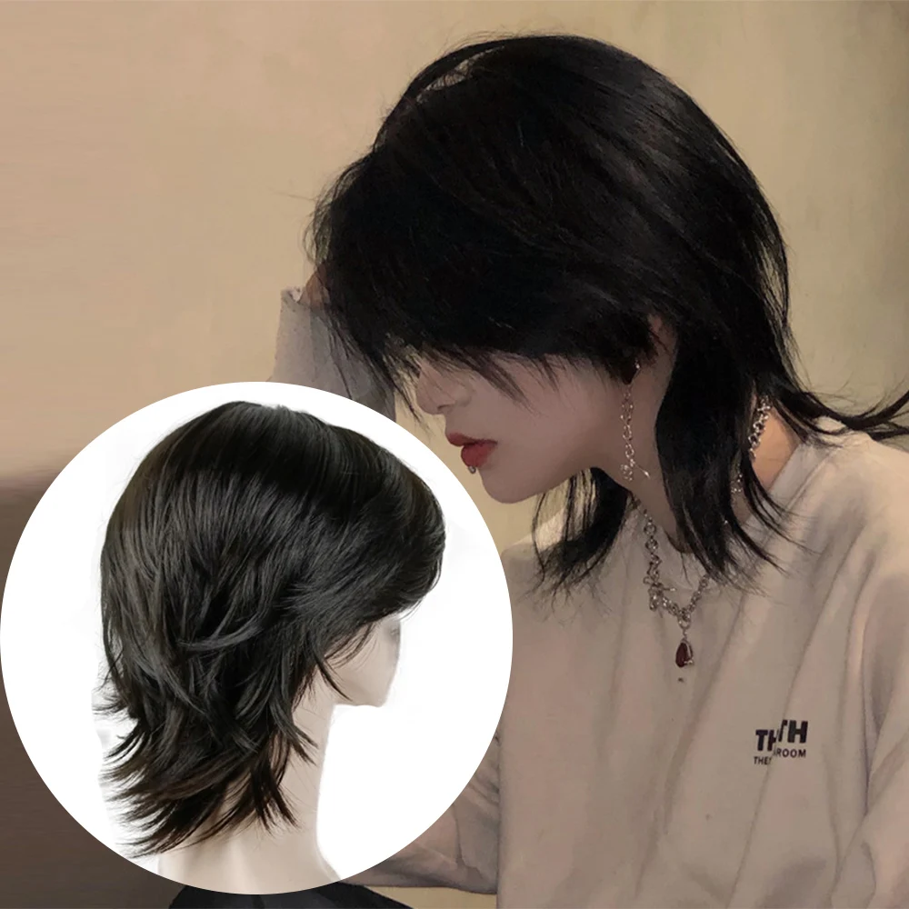 Peruka z głową Mullet Cosplay dla mężczyzn Anime Syntetyczny krótki prosty ogon wilka Fałszywa peruka imprezowa o wysokiej temperaturze z grzywką Fringe