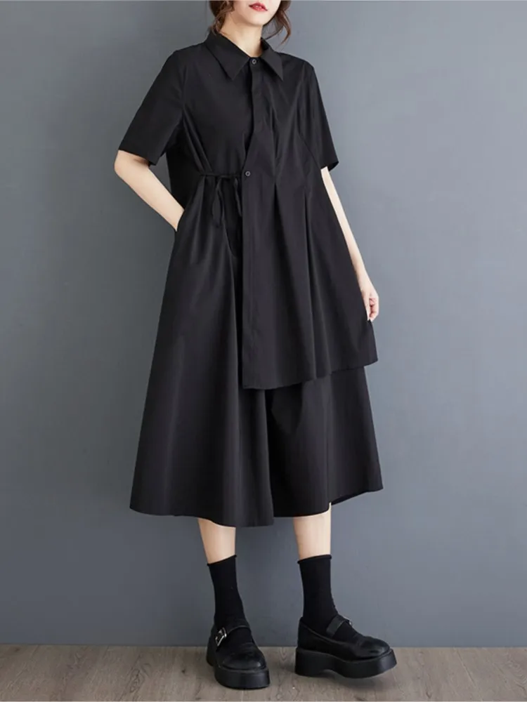 Oversized Summer Midi Shirt Dress Women Irregular Patchwork Fashion Loose Pleated Ladies Dresses Short Sleeve Casual Woman Dress