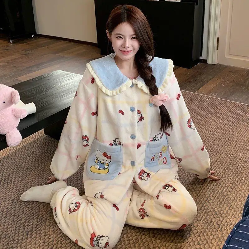 

Kt Cat Cute Girl Winter Pajamas Flannel Fleece Long Sleeve Pants Large Size Women Warm Homewear Set Fashion Kawaii Sleepwear Set