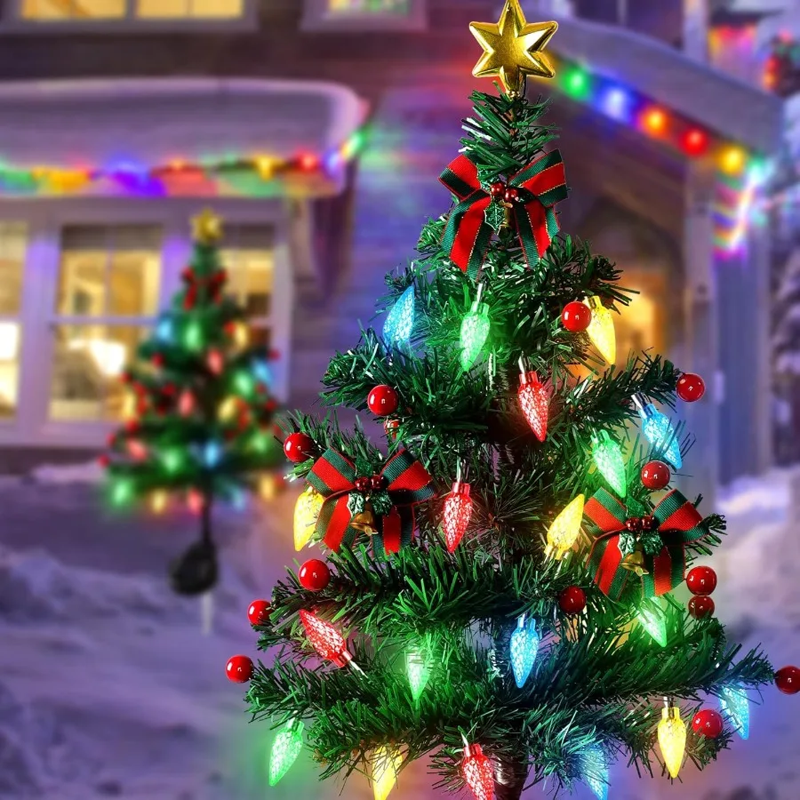 Arbre de Noël solaire à l'extérieur, paquet de 4 arbres de Noël solaires étanches avec 80 lumières LED, 2 Modes de clignotement, décorations de Noël solaires