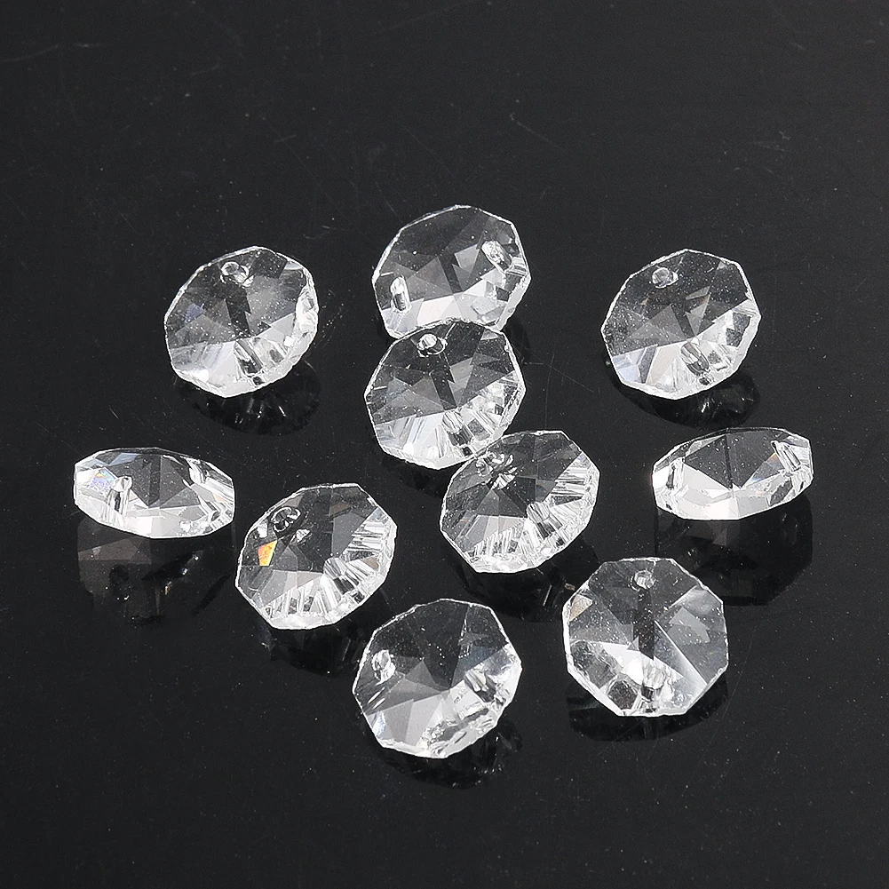 20PCS 14mm Octagon Beads Crystal Prism Chandelier Parts Replacement Hanging Suncatcher 2 Hole Faceted Glass Garland Curtain Bead