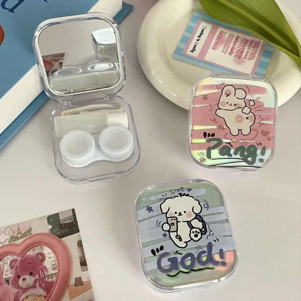 Cartoon Puppy Bunny Laser Contact Lens Box With Mirror Colorful Pattern Contact Lenses Container Travel Beauty Lens Storage Case