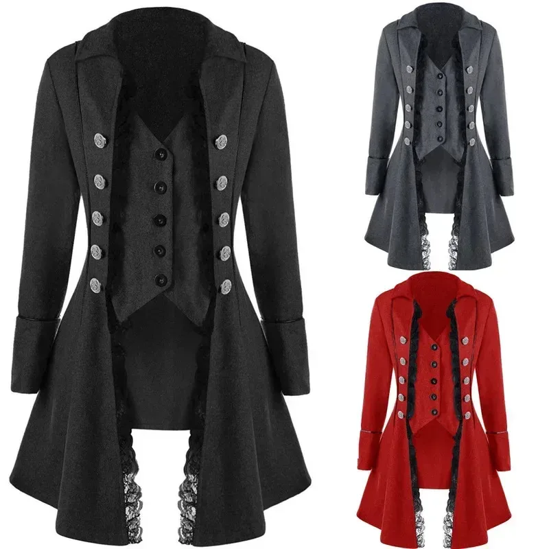 Abito medievale da donna Steampunk Pirata Costumi Cosplay Lace Trim Giacca monopetto Cappotto Abbigliamento gotico vittoriano cm;5