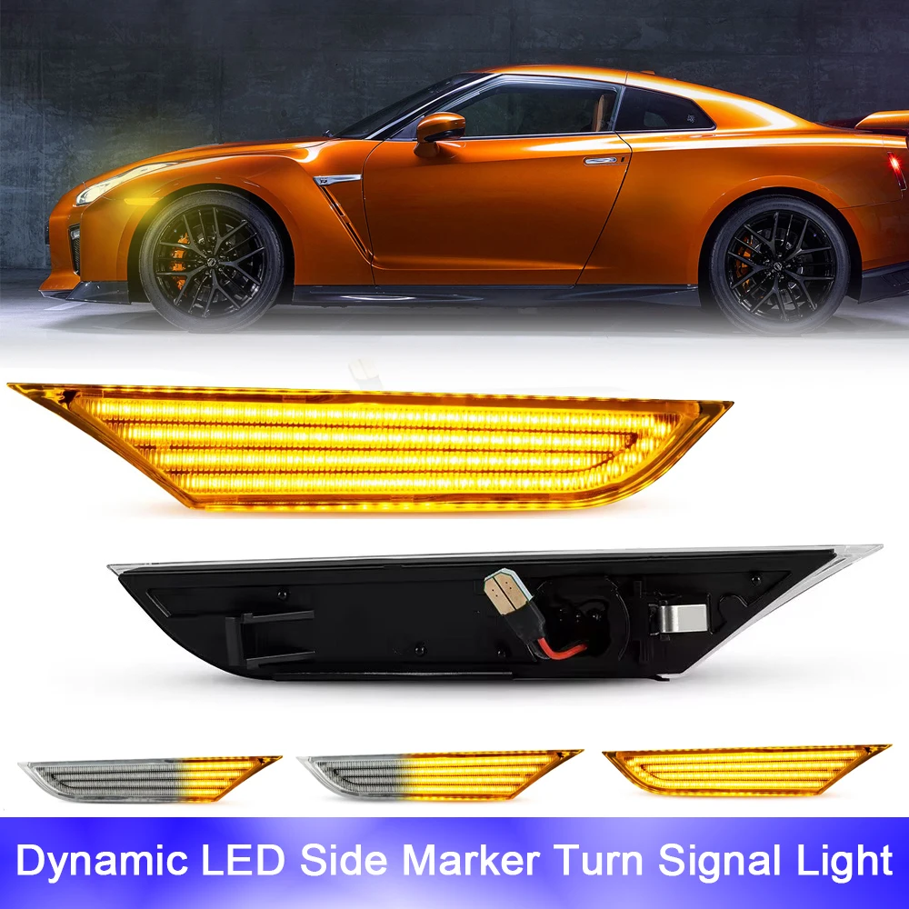 

LED Dynamic Flashing Front Side Turn Signal Marker Lights For Nissan GTR R35 Coupe GT-R 2007-2022 Sequential Blinker Indicator