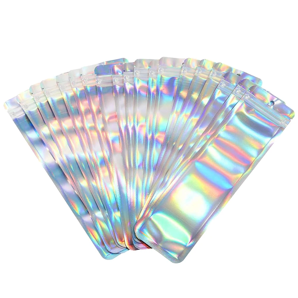 50 sztuk długich holograficznych torebek do pakowania Ziplock Laser Seal Pouch na imprezę Nail Eyelash Favor Przechowywanie żywności Biżuteria Wyświetlacz Dostawa