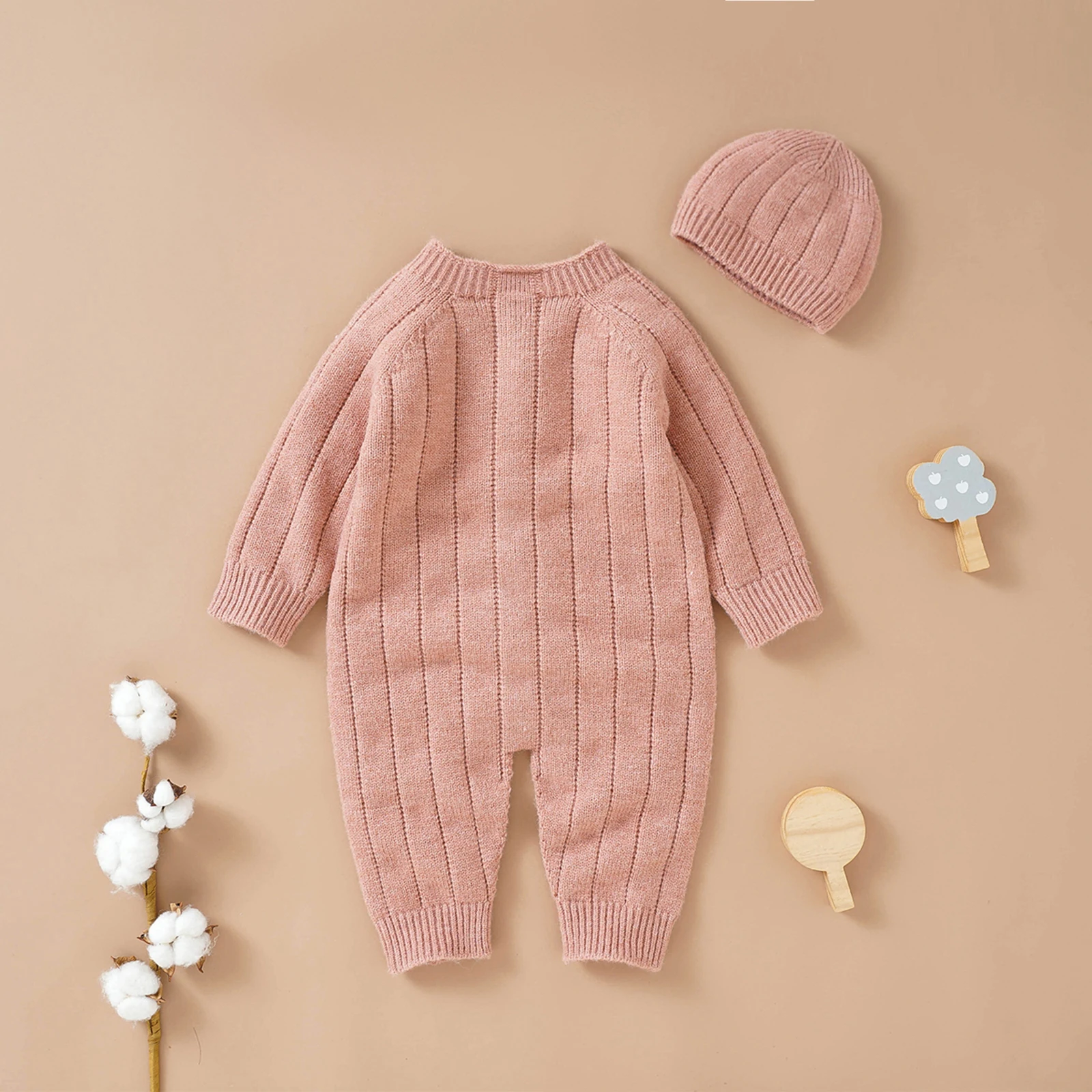 2022-06-29 Lioraitiin Infant Winter Jumpsuit and Cap, Solid Color Long Sleeve Single-breasted Knitted Romper, 0-18 Months