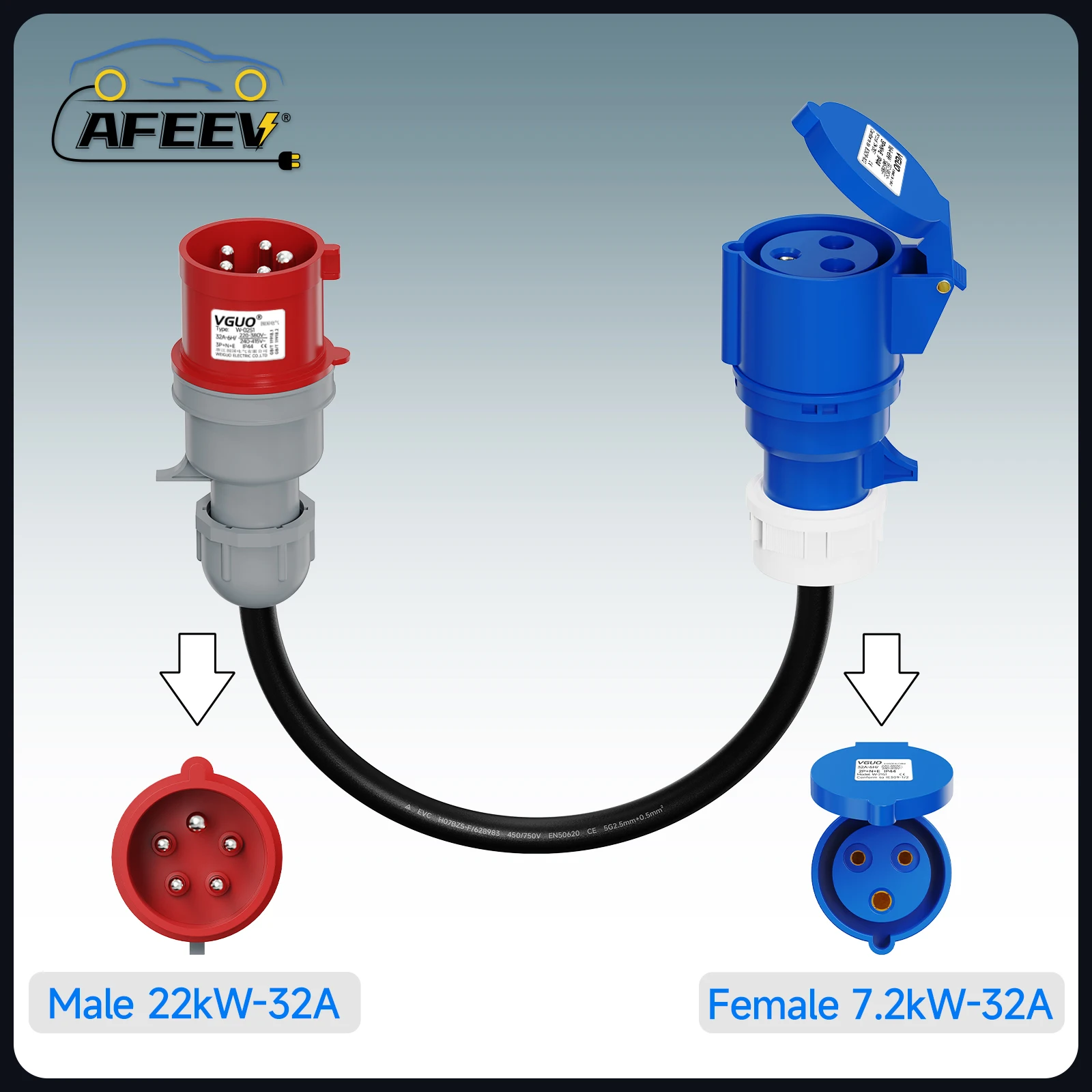 

Адаптер для зарядки электромобилей: 22 кВт (3 фазы) на 7 кВт (1 фаза), 32 А, CEE, красный штекер (5 контактов) на синий разъем (3 контакта)