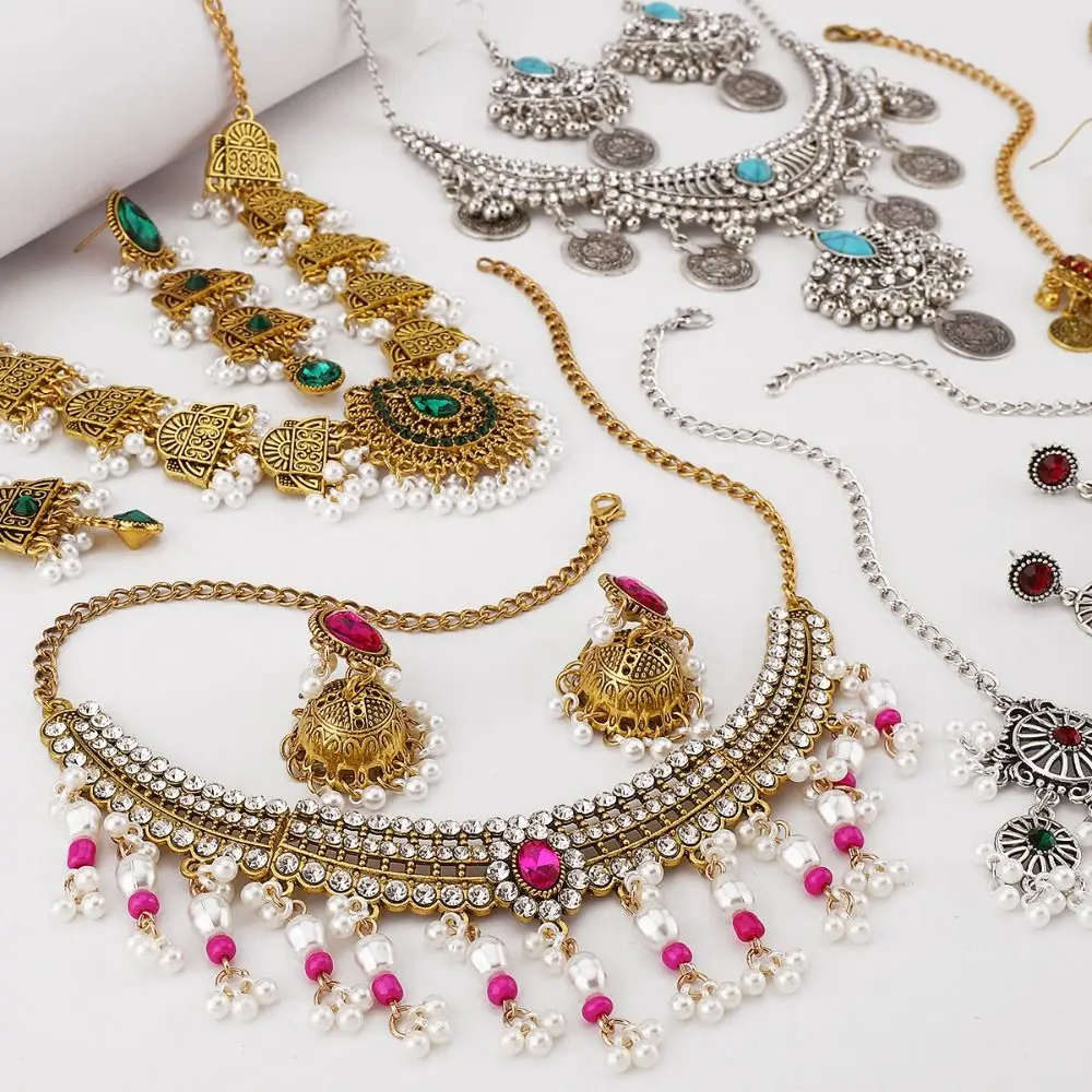 Koreanischen Stil Kristall Schmuck Set Böhmen Türkis Strass Quaste Ohrring Kopf Kette Ohrringe Funkelnde Halskette Hochzeit