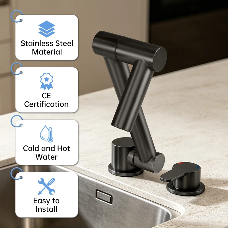RV Accessories Single Handle Stainless Steel Lightweight Foldable Hot Cold Water Sink Faucet for Motorhome Caravan & Camper Van