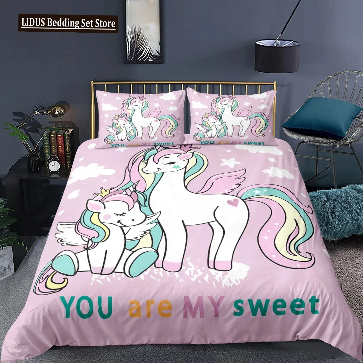 

Unicorn Bedding Set King Queen White Pink Unicorn Duvet Cover For Girls Boys Dreamy Cartoon Sparkle Lilac Polyester Quilt Cover