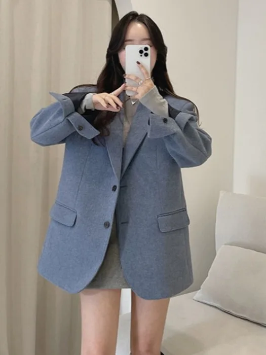 

Retro Chic Thiened Woolen Coat Lapel Sli Small Size Women's Faionable Versatile Long Sve Single Button Closure
