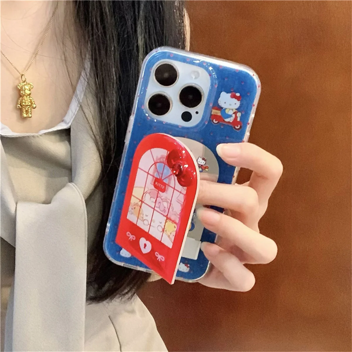 

Fashion Kawaii Cartoon Hello Kitty Mirror Stand Phone Case For iPhone 16 Pro 14 15 Pro Max Cover Shockproof Cute Protective Case
