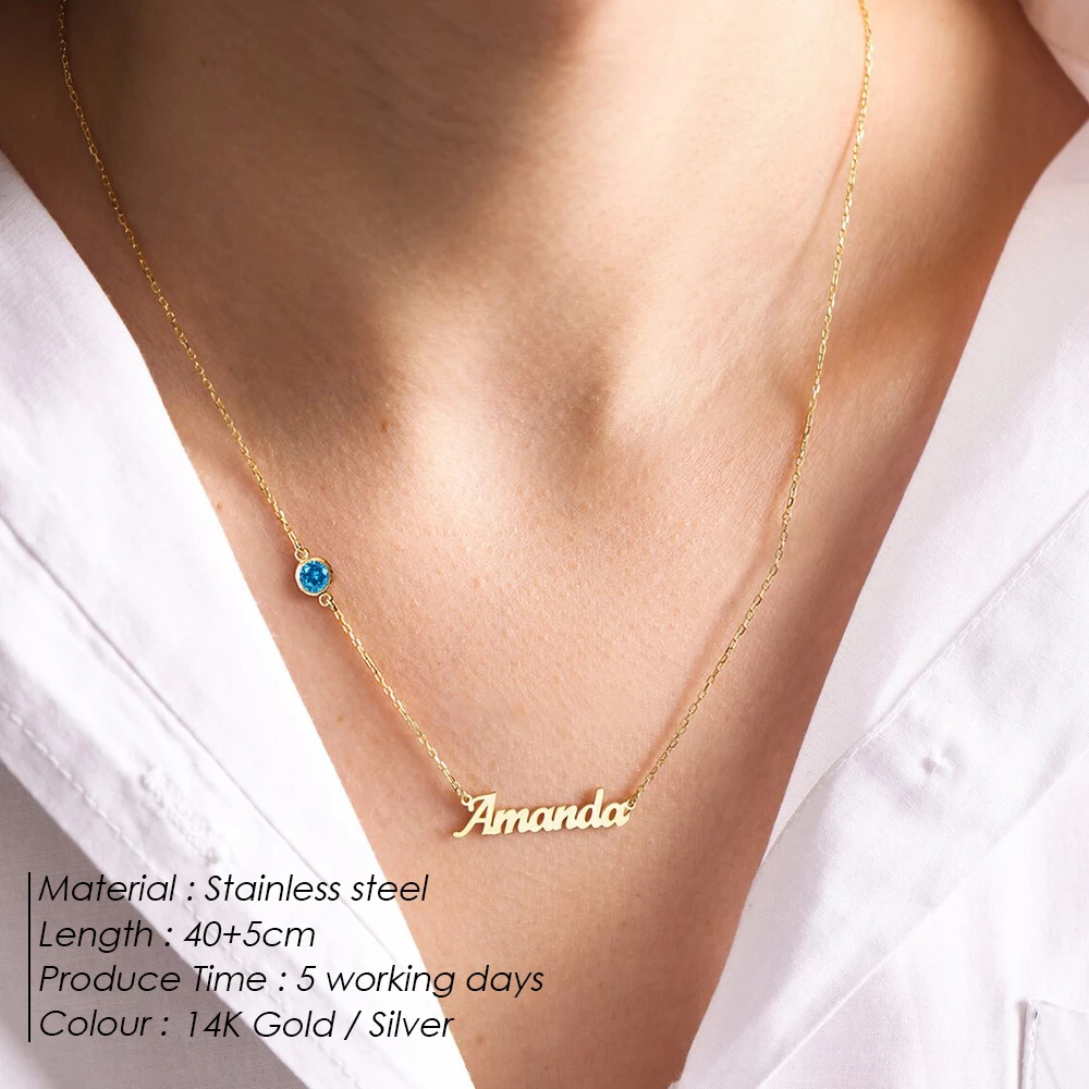 EManco DIY Birthstone Customized Fashion Stainless Steel Name Necklace Personalized Letter Choker Necklace Pendant Nameplate Gi - Detail 1