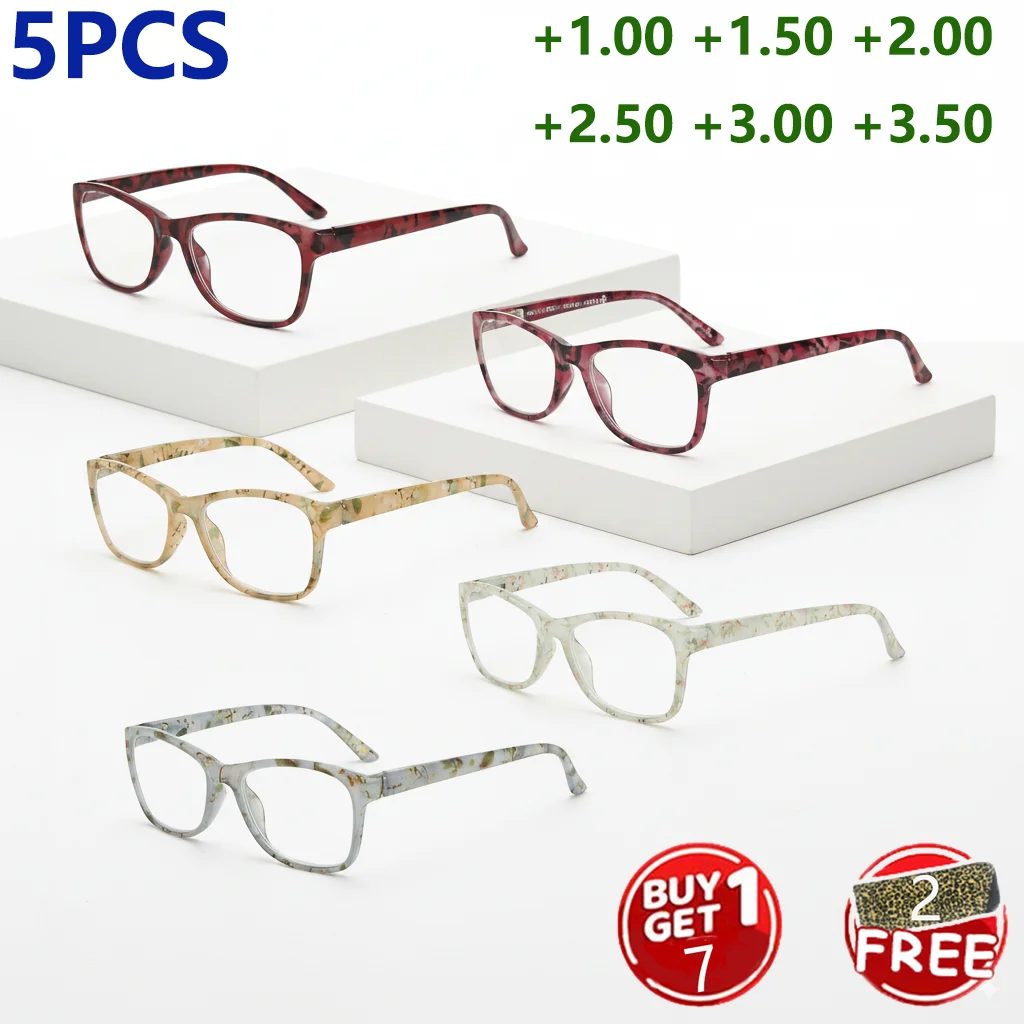 5-teilige Lesebrille mit modischem Muster, langlebiges Federscharnier und klassischem quadratischem Rahmen, mehrfarbiges Schildkröten-Design für den täglichen Gebrauch