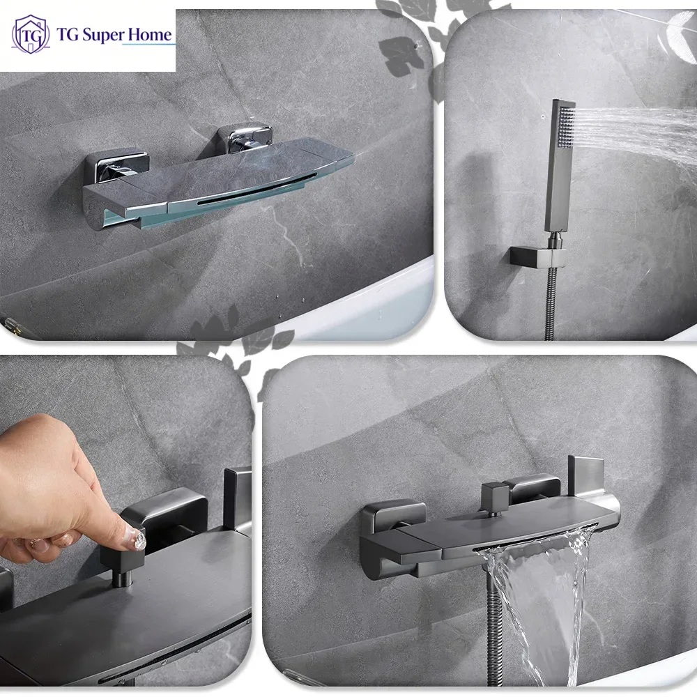Luxury Solid Brass Bathtub Shower Faucet Wall Mounted Single and Dual Function Bathroom Bath Tub Hot Cold Mixer Waterfall Taps
