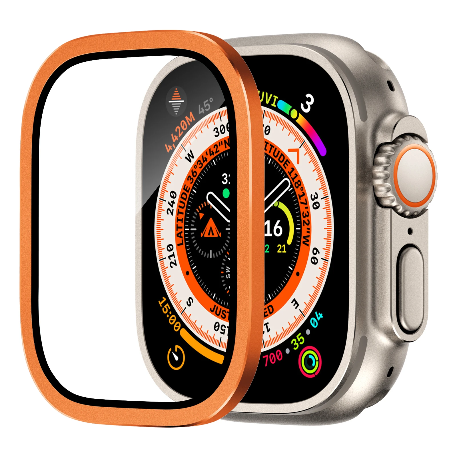 

Для Apple Watch Ultra 49 мм / Ultra 2 49 мм Корпус из алюминиевого сплава Чехол для часов с пленкой из закаленного стекла - оранжевый