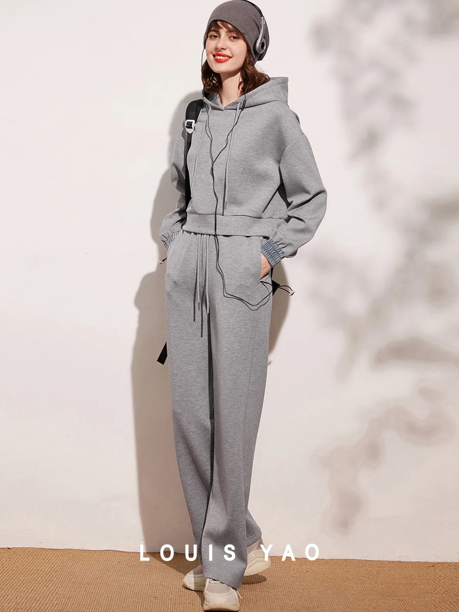 

LOUIS YAO 2025 Spring Autumn Hoodie Casual Pants 2-piece Set Cowboy Cuffs Contrast Splicing Set