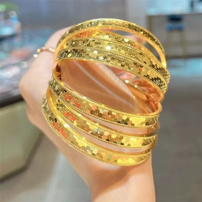 OUYADI 14K Gold Plated Stainless Steel Women Bangle, Shiny Fish Scale Texture Closed Cuff Bracelet, Luxury Elegant Jewelry Gift