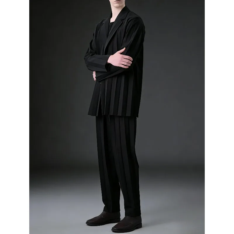 Miyake-traje plisado para hombre, chaqueta plisada + pantalones de pierna recta ajustados, plisado liso, traje minimalista con pliegues, otoño 2025, nuevo