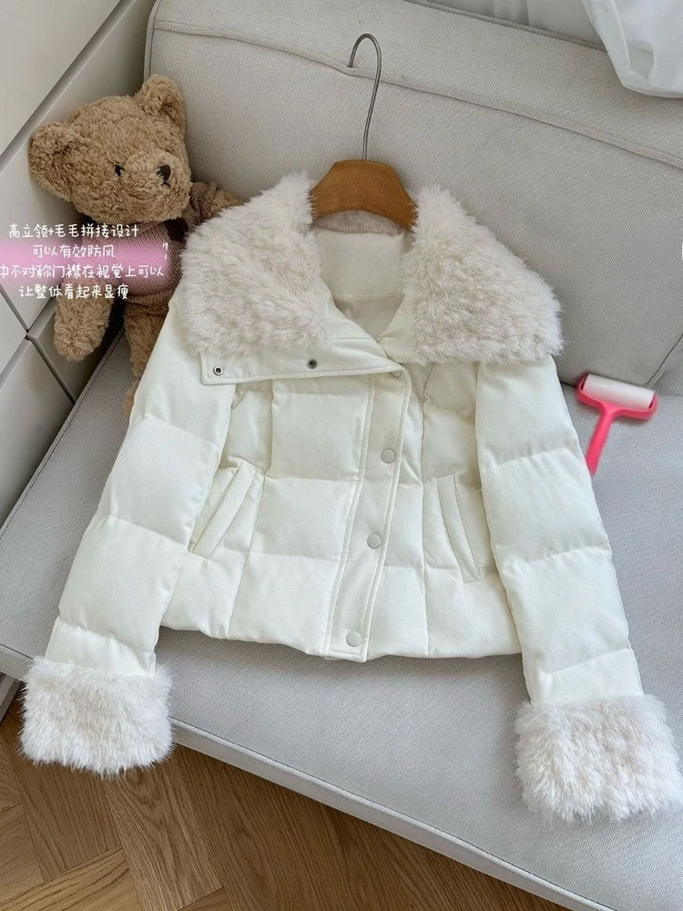 Korean Style Cropped Faux Fur Collar Cuff Puffer Parka Women Asymmetrical Placket Slim Fit Thick Warm Winter Casual Coat 2026