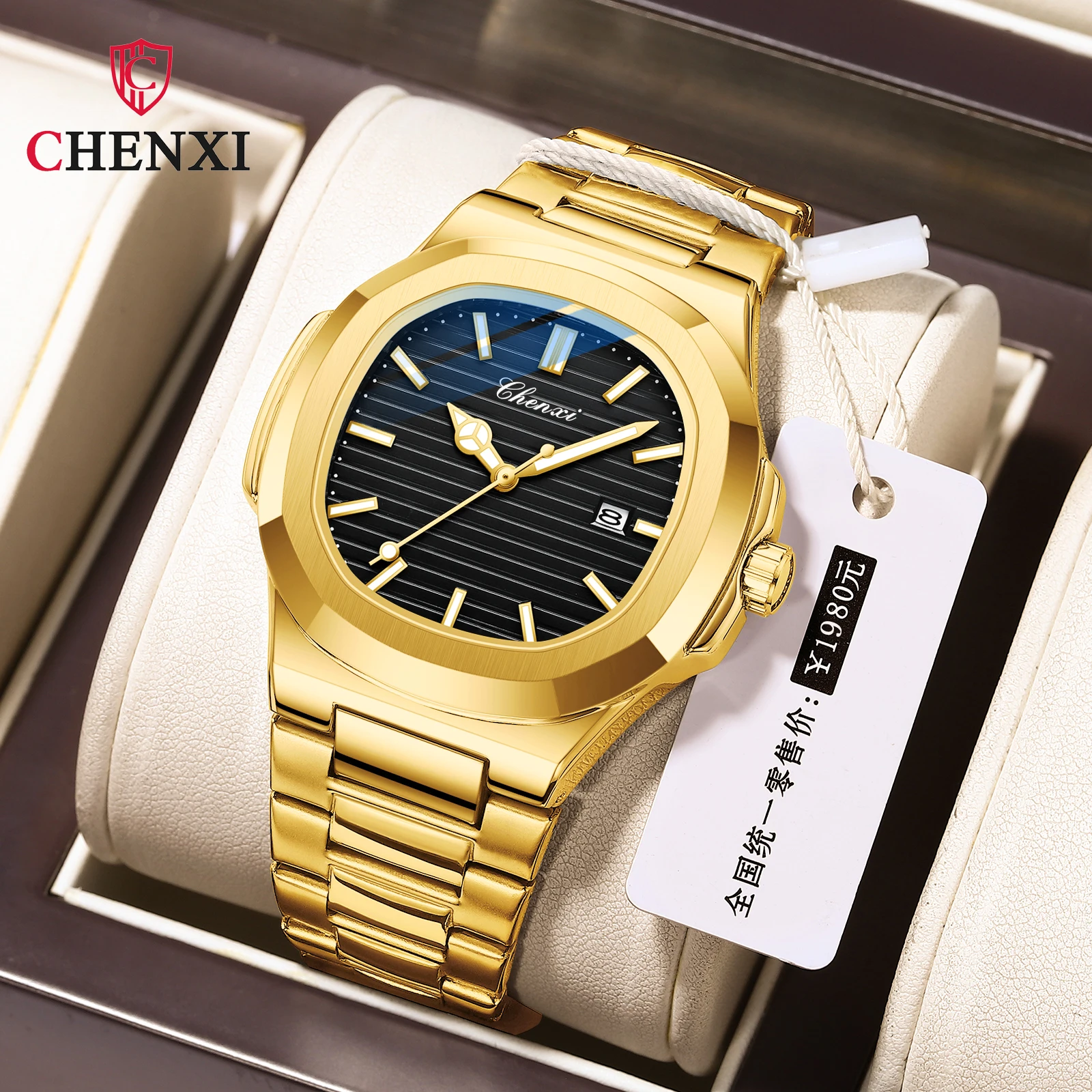 

CHENXI 8222 Top Brand Gold Watches Mens Luxury Calendar Stainless Steel Fashion Business Quartz Wristwatch Relogio Masculino