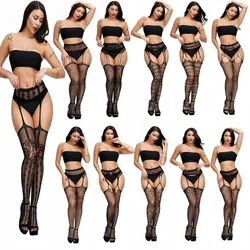 Plus Women Sexy Fishnet Stocking With Garter High Waisted Crotchless Pantyhose Suspenders Tights Party Club Skinny Mesh Tights