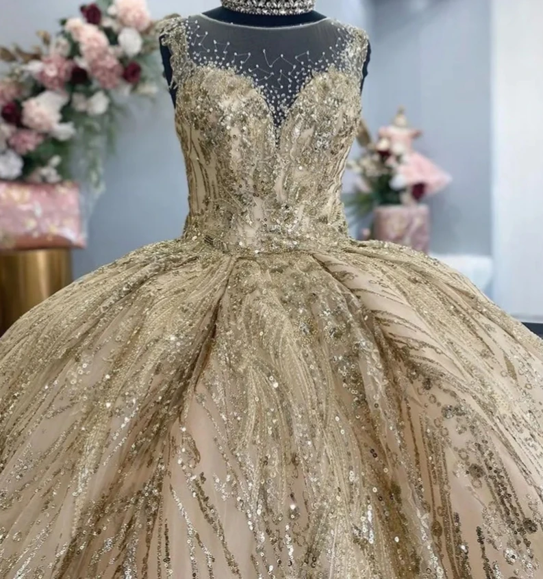 Vestidos Princesa Quinceanera, Vestido de baile Champanhe, Renda Pura, Faísca Frisada, Doce 16 Vestidos, 15 Anos, Mexicano