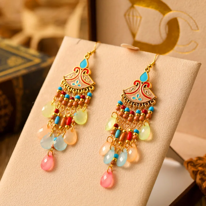 Böhmische mehrfarbige Reis perle Wasser tropfen Ohrringe für Frauen Temperament lange Emaille fächerförmige Ohrring Urlaub Party Schmuck – Detail 2
