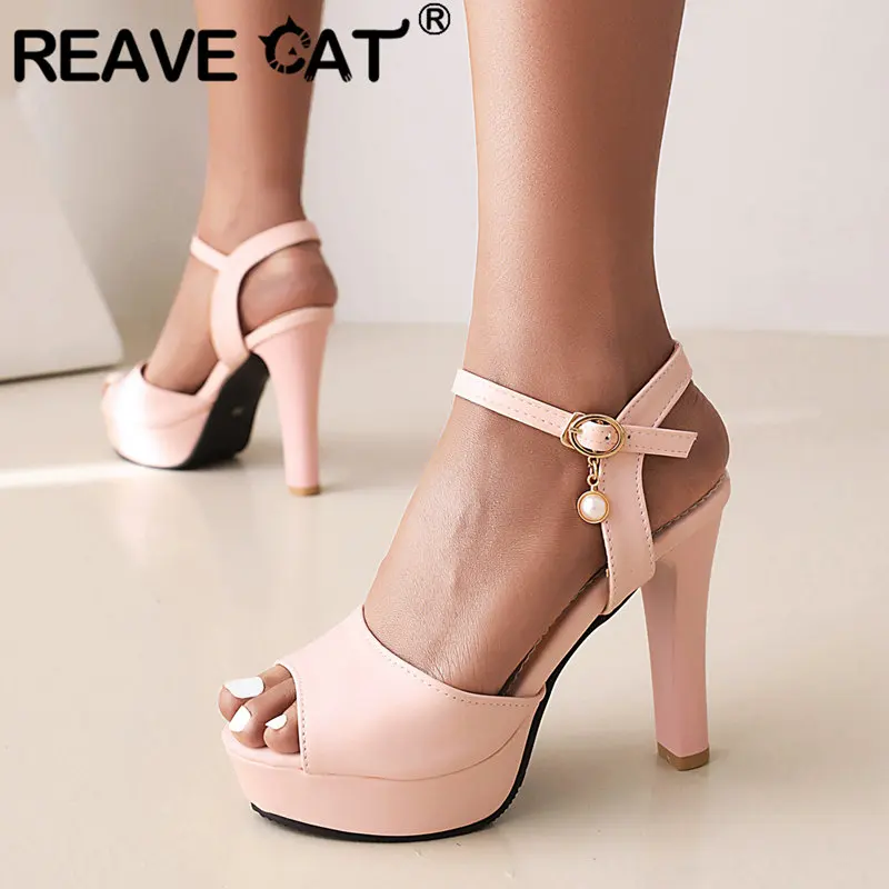 

REAVE CAT Design Women Sandals Peep Toe Block Heels 9cm Platform 3cm Buckle Strap Plus Size 42 43 44 45 Sweet Party Female Shoes