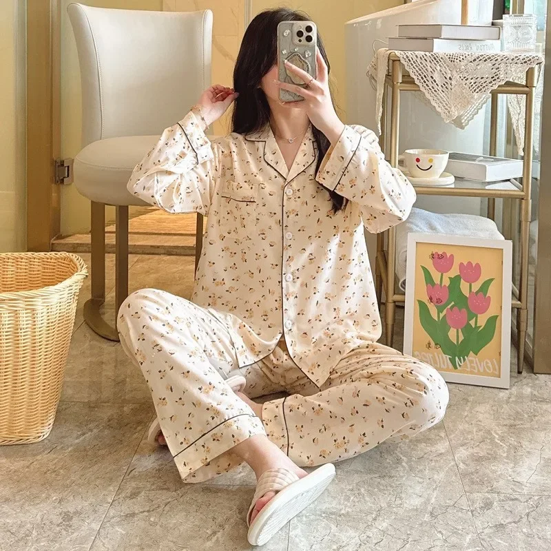 Long Sleeve Pants Floral Print Woman Satin Pajama Sets Ensembles 2 Piece Two-Piece Outfit Lounge Women Pijama Sleepwear Pajama