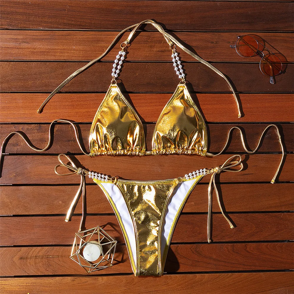 Shiny Gold Pearl Chain Halter Micro Bikini for Women Thong Sexy Swimsuit Triangle Swimwear Bathing Suit Bikinis Set 2024 Mujer