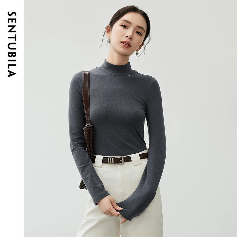 SENTUBILA Simple Cotton T-shirt Women 2024 Autumn Commute Solid Basic Half High Collar Long Sleeve Tops Female Clothes 143T56532