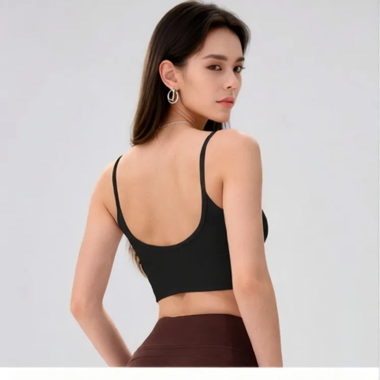 Women's V Neck Longline Sports Bra Low Back Workout Crop Top with Thin Straps for Yoga Gym Fitness