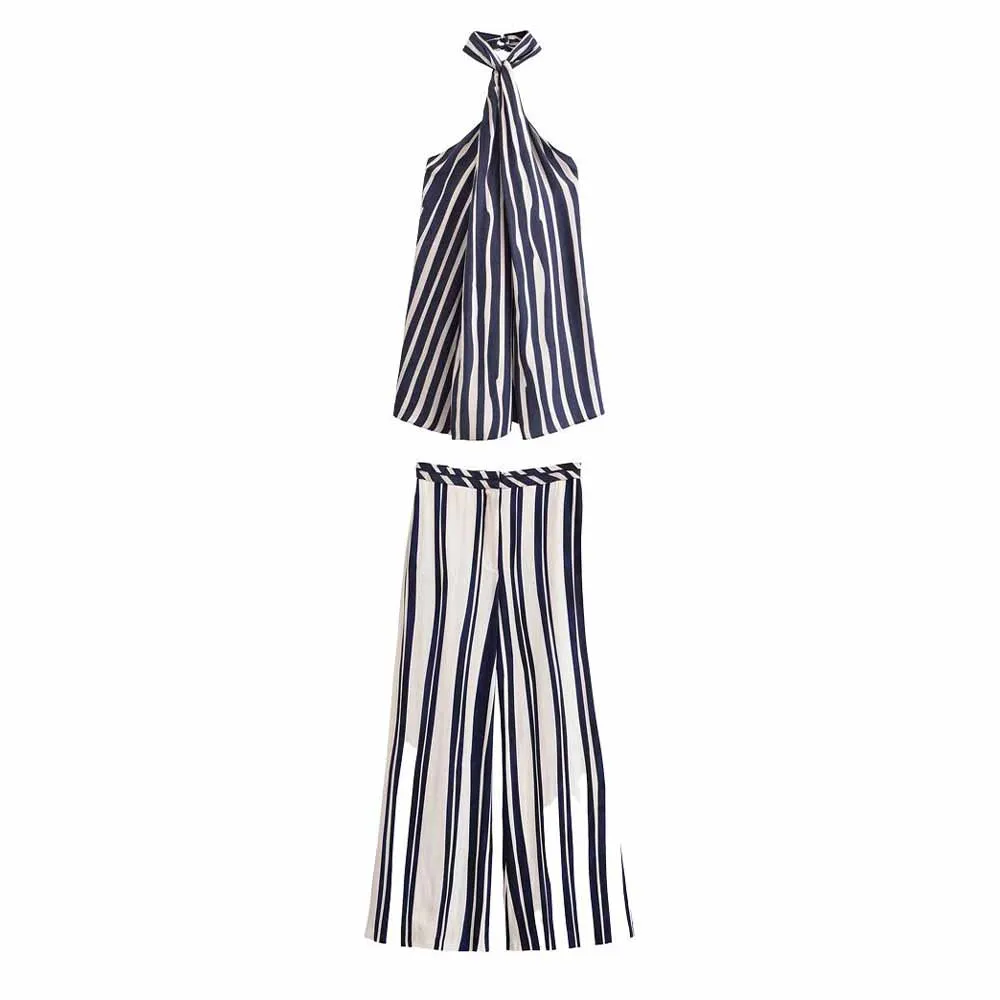 

Women's new fashion casual backless pleated striped halter neck top retro sleeveless women's vest chic top+Pants Women's suit