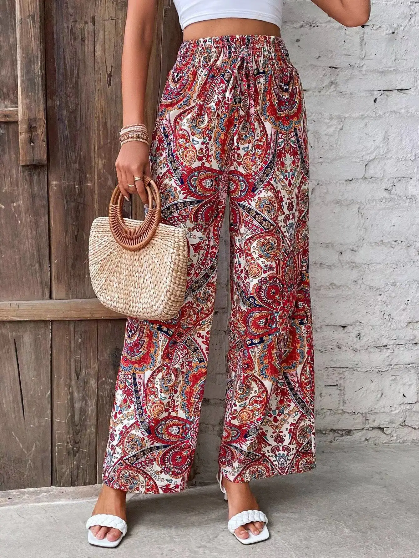 Mode Vintage Print Breite bein Hosen Frauen Casual High-taille Hosen 2024 Frühling Sommer Büro Dame Kleidung Streetwear – Detail 13