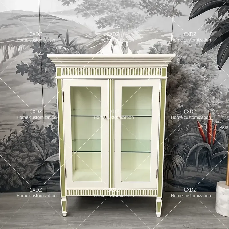 Retro Carved Edge Wine Cabinet Light Luxury Storage Locker for Living Room Porch Antique Style Customizable Home Furniture