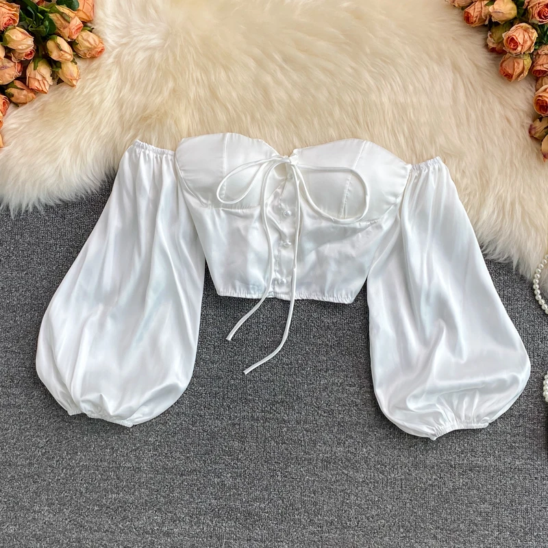 Sexy Off Shoulder White Satin Shirt Female Strapless Puff Sleeve Short Crop Chic Top Summer Women Elegant Lace Up Blouse