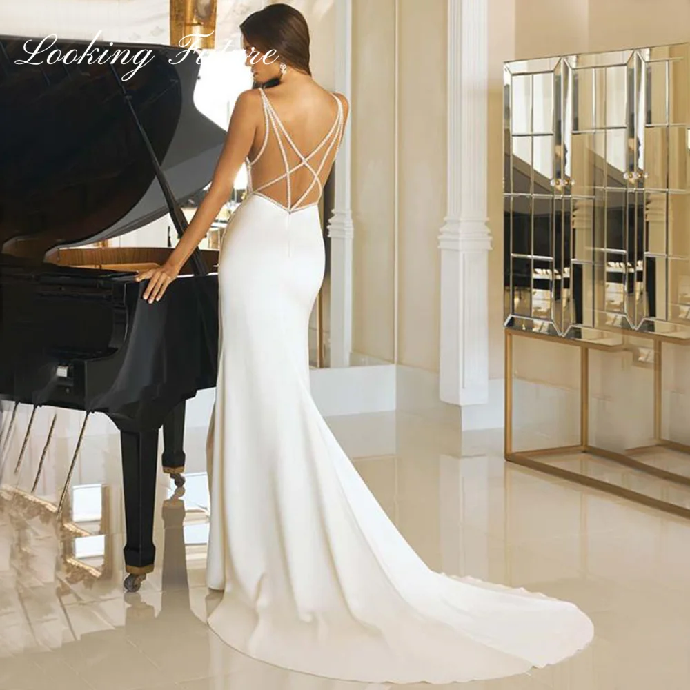 Vestido de Novia sencillo con tirantes y perlas, traje de boda con cuello en V, corte de sirena, abertura lateral, sin mangas, para playa