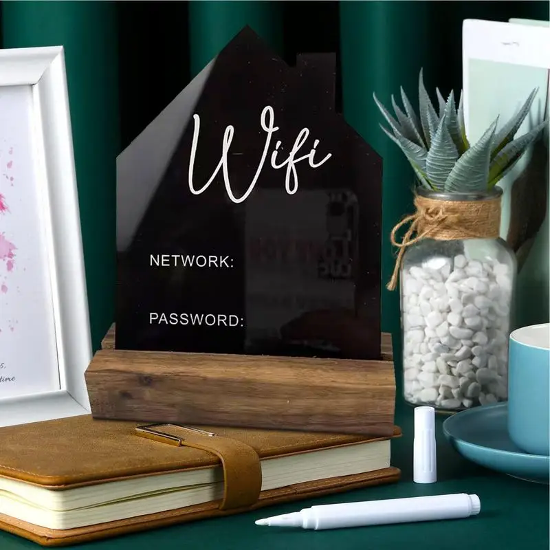 Acrylic WiFi Password Sign with Wooden Base and Erasable Pen Creative House Shape Handwrite Board Decoration