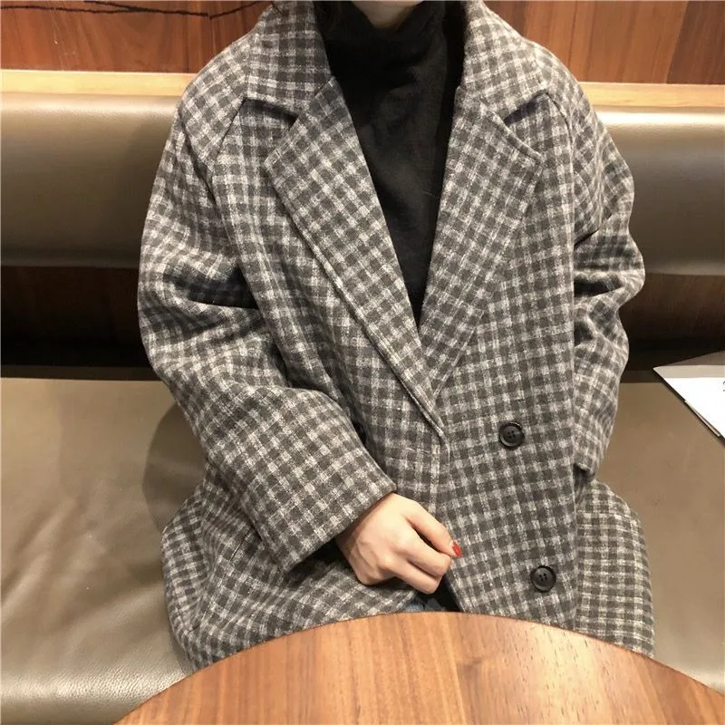 Winter Plaid Thickened Blazers Jacket Women Loose Long Sleeve Office Lady Korean Style Fashion Casual Versatile  Cardigan Female