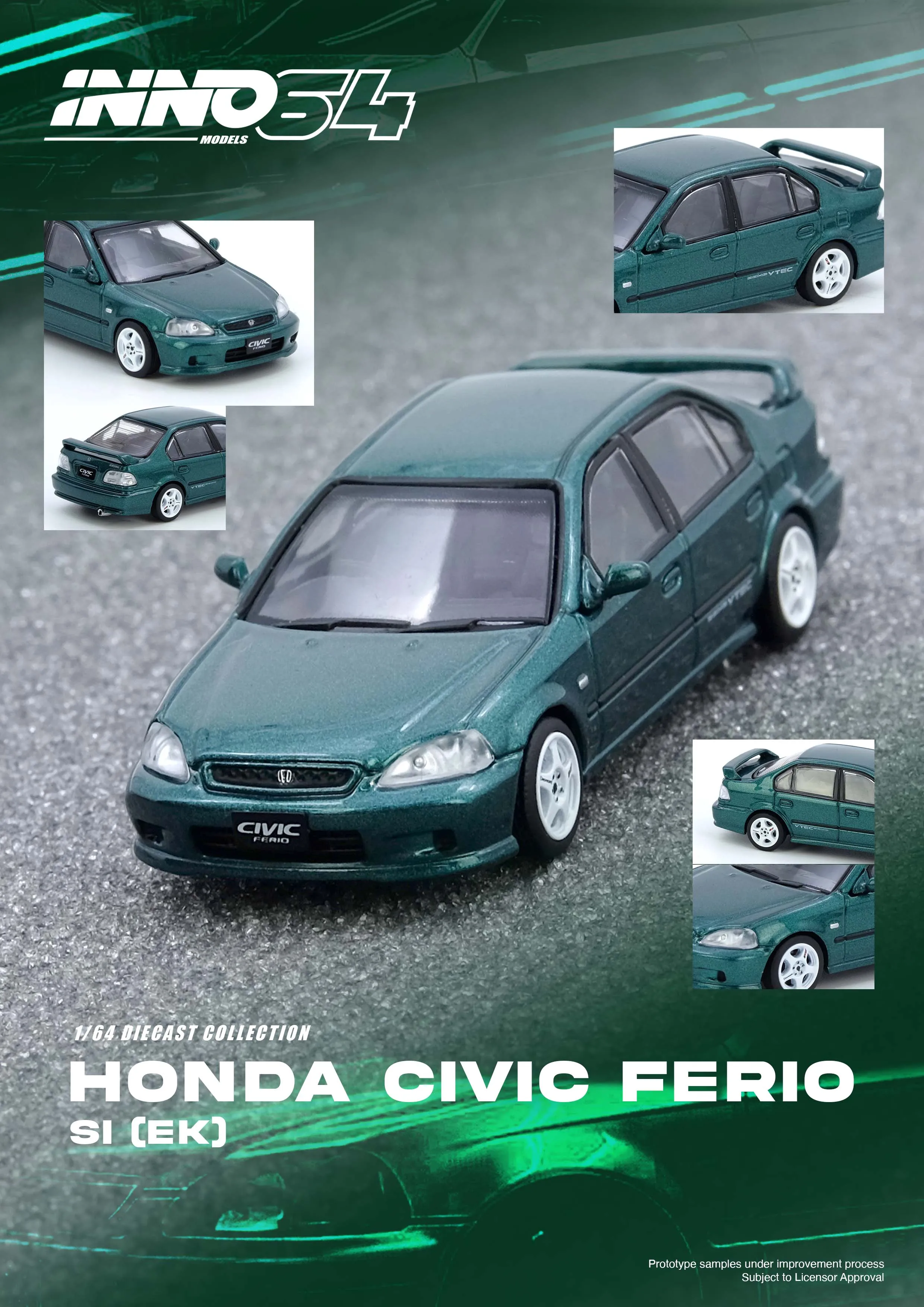 

Предпродажа INNO 1/64, литая под давлением модель автомобиля HONDA CIVIC Ferio Si (EK), зеленый, высокопроизводительный, ограниченный выпуск, подарок для мальчиков и взрослых
