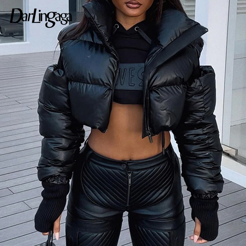 Darlingaga Streetwear Black Turtleneck Autumn Winter Jacket Women Zip-Up Puffer Parka Coat Crop Cold Shoulder Fashion Outerwear