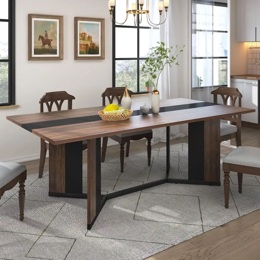 Dining Table for 6 People,Modern Brown Rectangular Kitchen Table W Waterproof Wood Tabletop,Farmhouse Long Dining Room Tables W