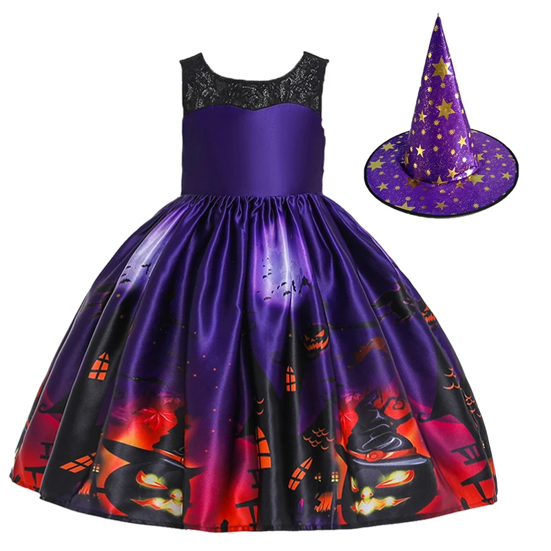 2023 Halloween Pattern Girls Dress Children Carnival Party Costume New Fashion Witch Cosplay Princess Dress 3 4 5 6 8 9 10 Years