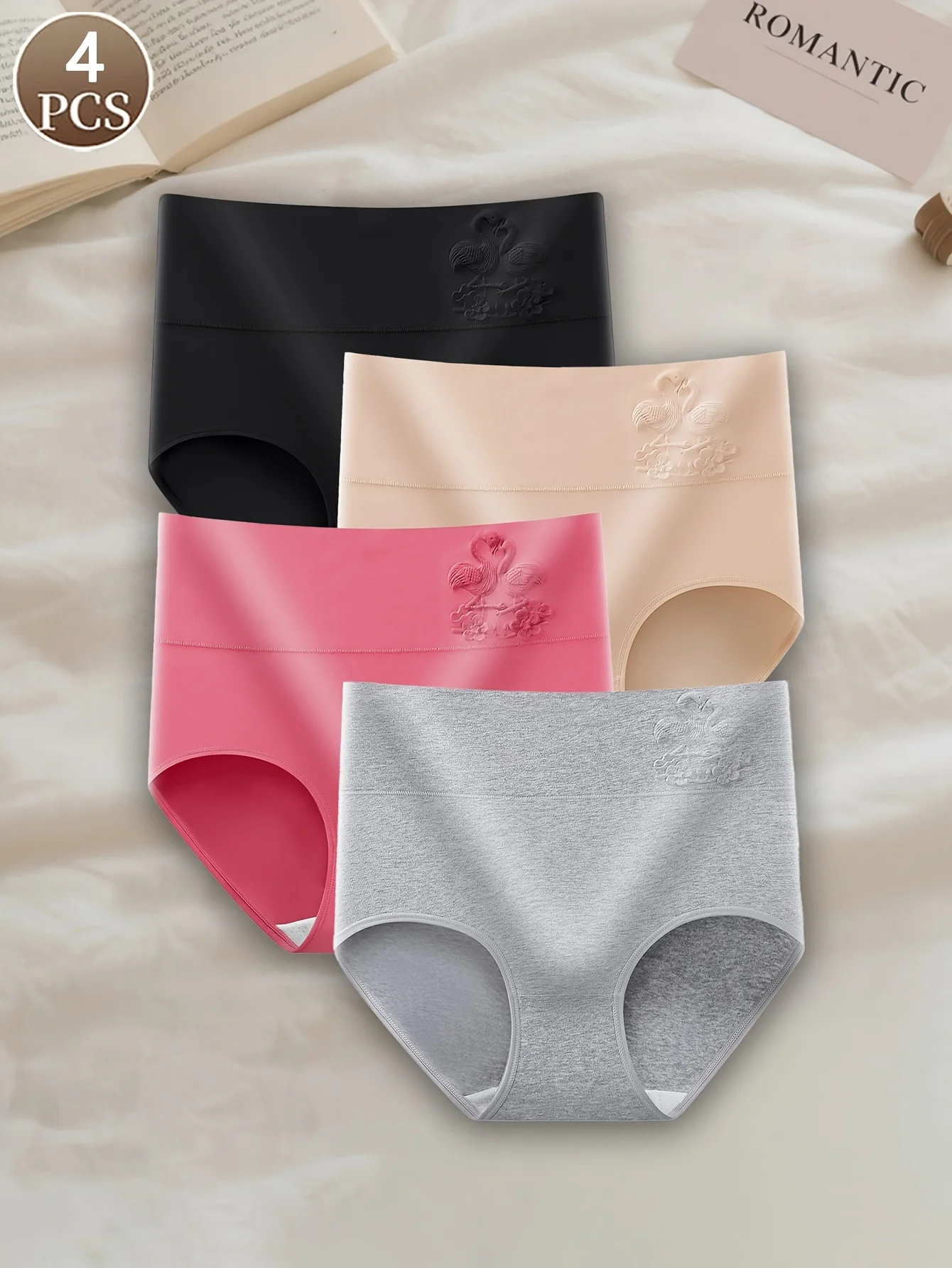 4-pcs of high-waisted embroidered underwear for women, made of cotton, featuring  and breathable crotch, available in plus sizes