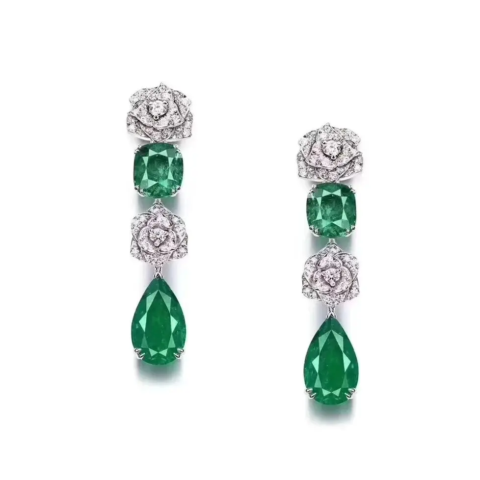 Women's 925 Sterling Silver Drop Earrings Artificial Emerald Statement Rose Flower Fine Jewelry Birthday Anniversary Party Gifts