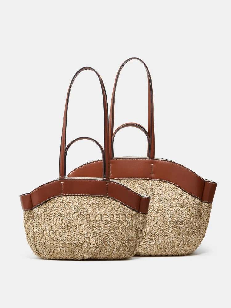 

New Luxurious Design Women Large Capacity Straw Woven Beach Bag Summer Splicing Pu Leather Seaside Holiday Spacious Shopper Tote