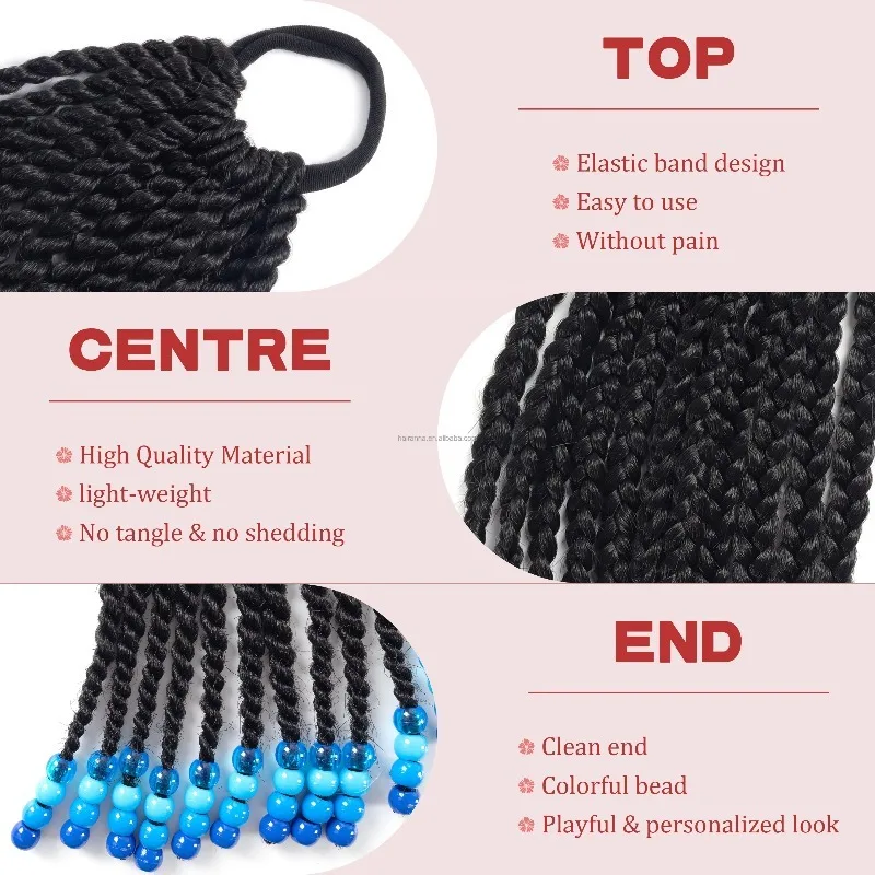 2packs/ Kids Synthetic Braided Ponytail Hair Extensions with Beads, Elastic Hair Tie for Girls, Colorful Handmade Braid Daily