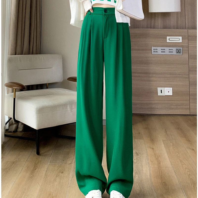 Summer Thin Loose Trousers High Waist Casual Suit Wide Pants Women's Summer Light Drape Smooth Green Straight Suit Pants