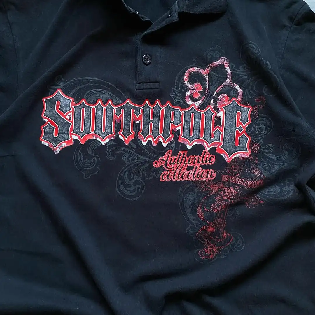 

Harajuku Fashion Letter Print Pattern Oversized Polo Shirt American Retro Street Black Pure Cotton Polo T-shirt Unisex Top